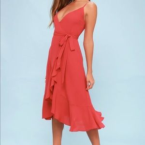 Lulu’s Berry Pink Ruffled Midi Wrap Dress